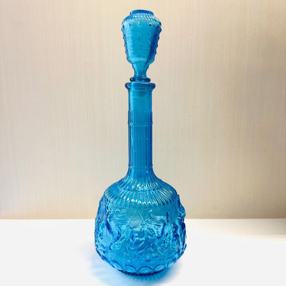 Vintage MCM Empoli Italy Zodiac Decanter Blue Glass Bottle